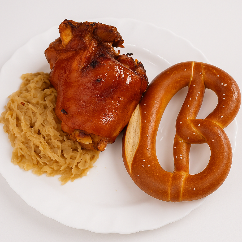 Codillo de cerdo con chucrut (col fermentada estilo alemán) y pretzel / Schweinshaxe mit Sauerkraut und Brezel